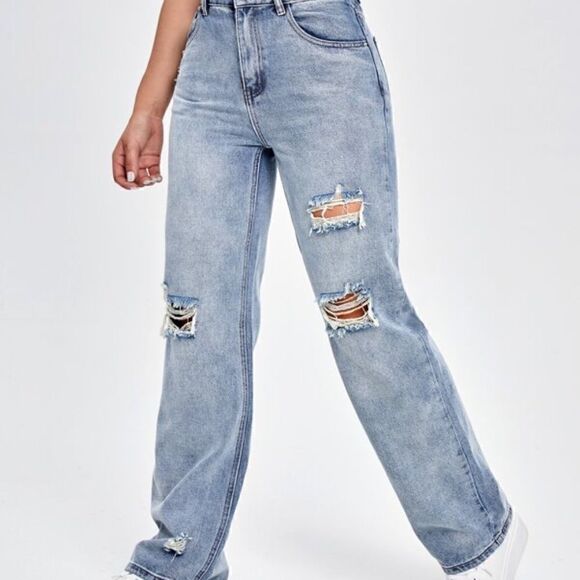 NEW! Ripped Distressed Boyfriend Jeans Light Blue Washed Grunge Torn High Waist - Picture 2 of 7
